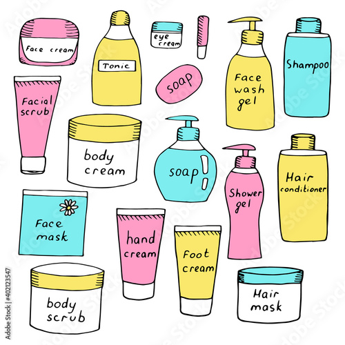 Set of jars with care cosmetics, vector illustration, sketch, yellow, pink and blue color