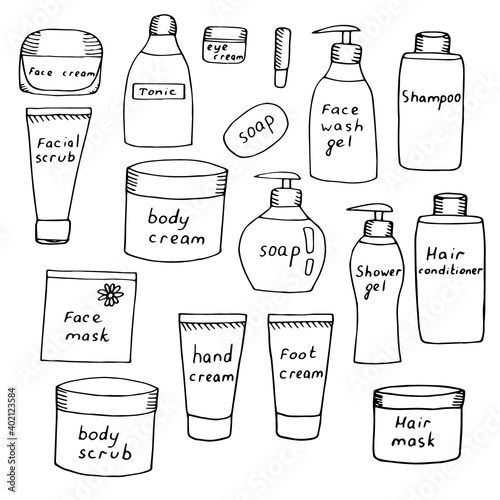 Set of jars with care cosmetics, creams and scrubs for face, body, hands and feet, shampoo and hair balm, vector illustration, sketch
