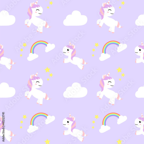 Seamless Patterns Cute Unicorns cartoon happy fun , baby unicorn , vector illustration © bellie