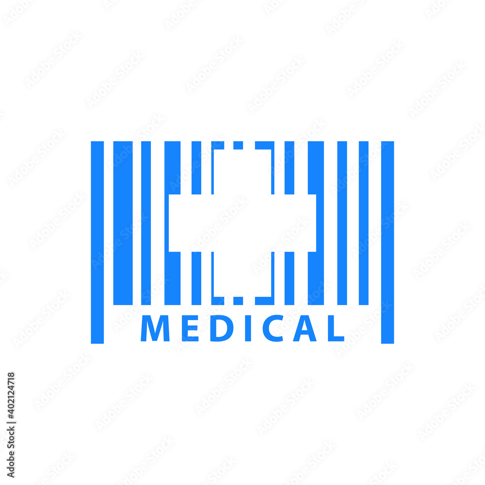 Fototapeta premium Logotipo texto Medical con cruz en espacio negativo en código de barras en color azul
