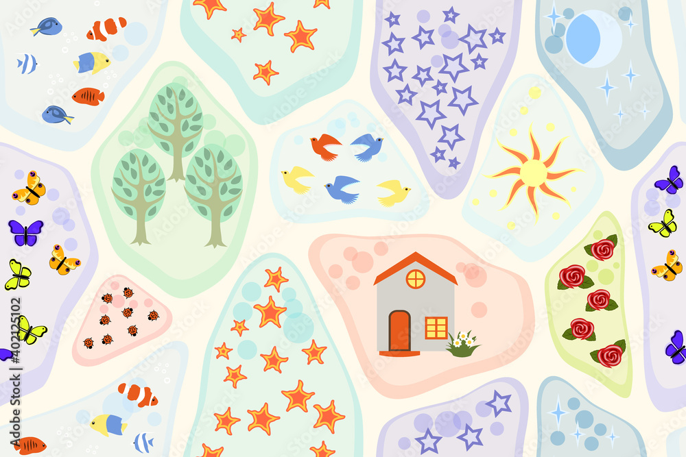 Fototapeta premium a pattern of various things - trees, stars, birds, flowers, butterflies, fish, sun and moon