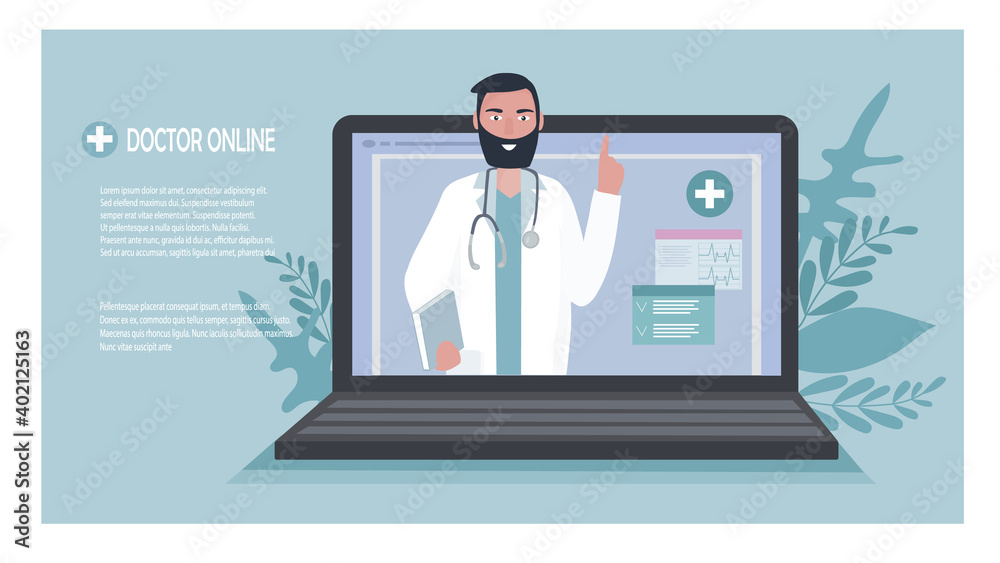 A doctor with a stethoscope on a laptop screen talks to a patient online. Medical consultations, exams, treatment, services, health care, conference online. Vector Web banner design template A doctor with a stethoscope on a laptop screen talks to a patient online. Medical consultations, exams, treatment, services, health care, conference online. Vector Web banner design template