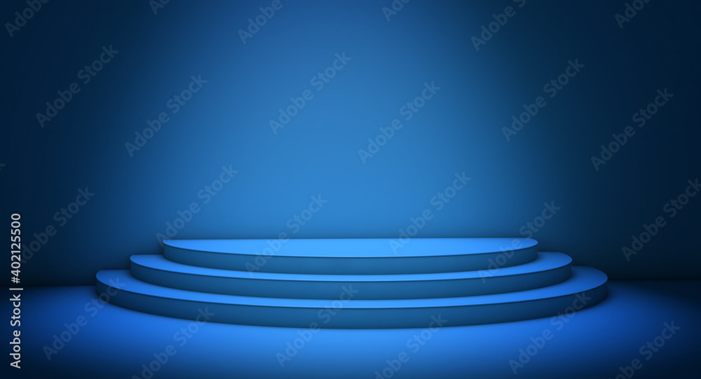 Fototapeta premium Empty stage illuminated by a spotlight. 3d rendering of three steps in a blue room. Concept for art exhibition, business and commercial ads