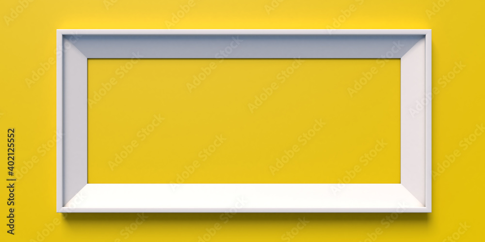 White frame isolated on yellow wall, 3d illustration. Concept image for gallery exhibition or commercial communication. White frame isolated on yellow wall, 3d illustration. Concept image for gallery exhibition or commercial communication.