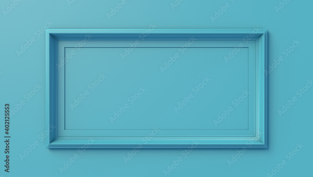 Blue frame isolated on blue wall, 3d illustration. Concept image for gallery exhibition or commercial communication. Blue frame isolated on blue wall, 3d illustration. Concept image for gallery exhibition or commercial communication.