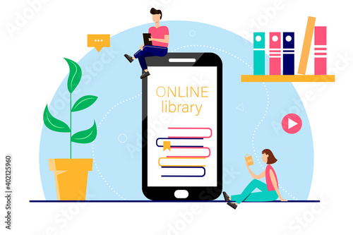 Online education concept. Phone screen with books and characters. Vector illustration for applications, online libraries, popularization of reading, online education, courses.