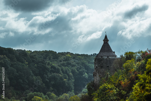 Medieval tower at the edge of the Smotrych River Canyon in Kamianets-Podilsky, Ukraine