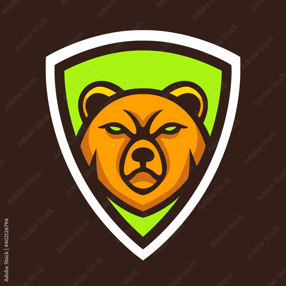 Bear head with shield logo design vector. Bear shield mascot logo