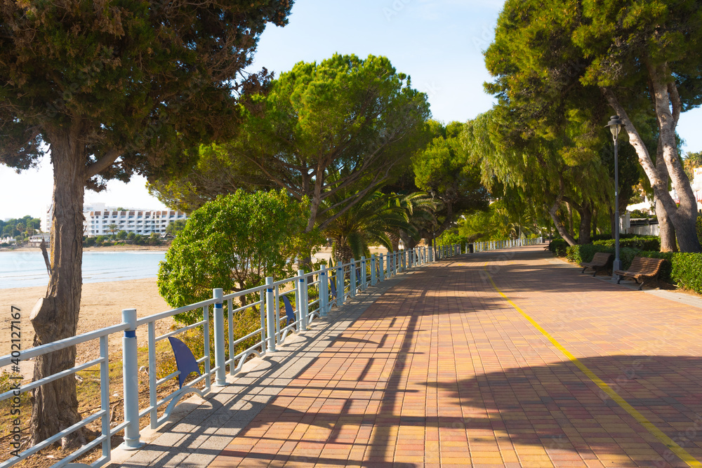 Las Fuentes sea promenade (waterfront). Holiday resort on the Orange Tree Coast (Costa del Azahar, mediterranean sea), Alcossebre, Valencian Community, Spain.