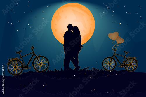 Couple in evening under the orange moon in love atmosphere.Valentine's day card with romantic couple and bike. Happy Lovers.Romantic silhouette of loving couple in Valentines night.Vector illustration