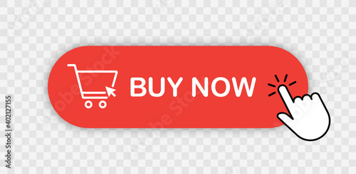 Buy now red button with hand cursor. Button hand pointer clicking. Click here banner with shadow. Click button isolated. Online shopping.  photo