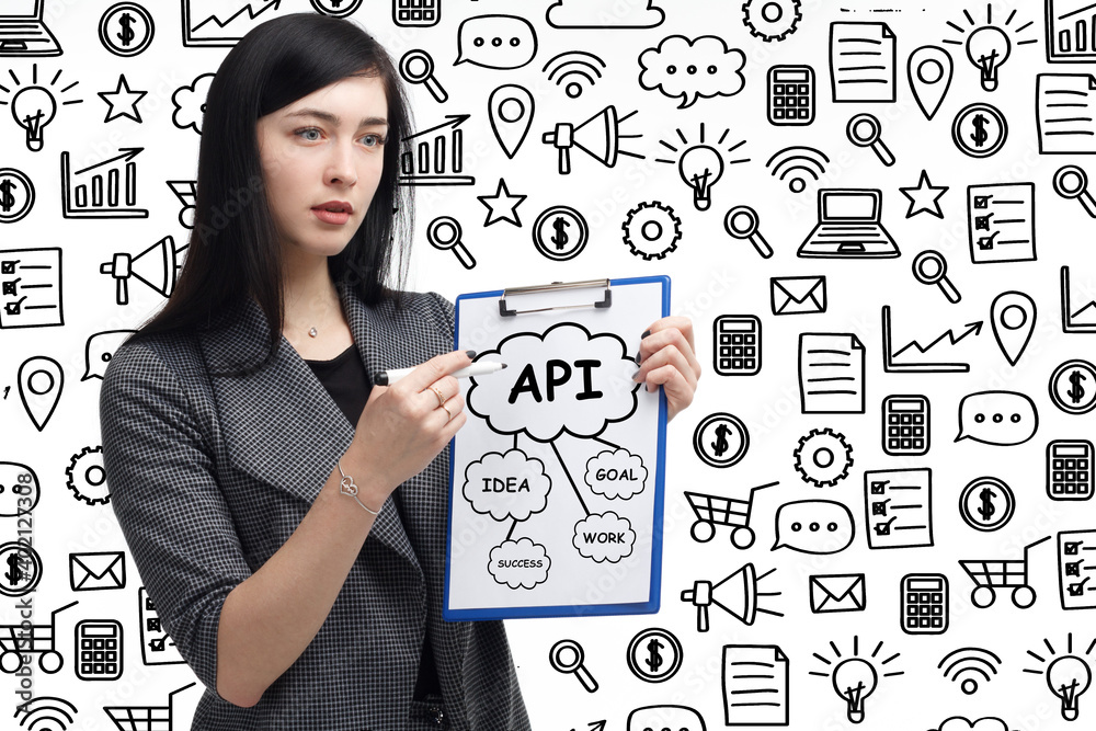 Business, technology, internet and network concept. Young businessman thinks over the steps for successful growth: API Business, technology, internet and network concept. Young businessman thinks over the steps for successful growth: API