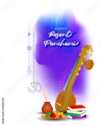 Vector illustration of Happy Basant Panchami banner, Indian festival, Veena, books and fruits, background template for website and social media, festive background concept photo