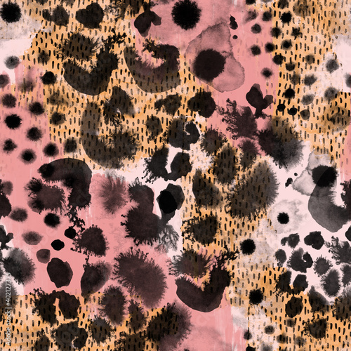 Animal skin seamless pattern. Ink brush stroke spots, blots, splatter.