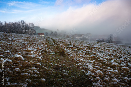 Nebel lichten sich am  Feldweg photo