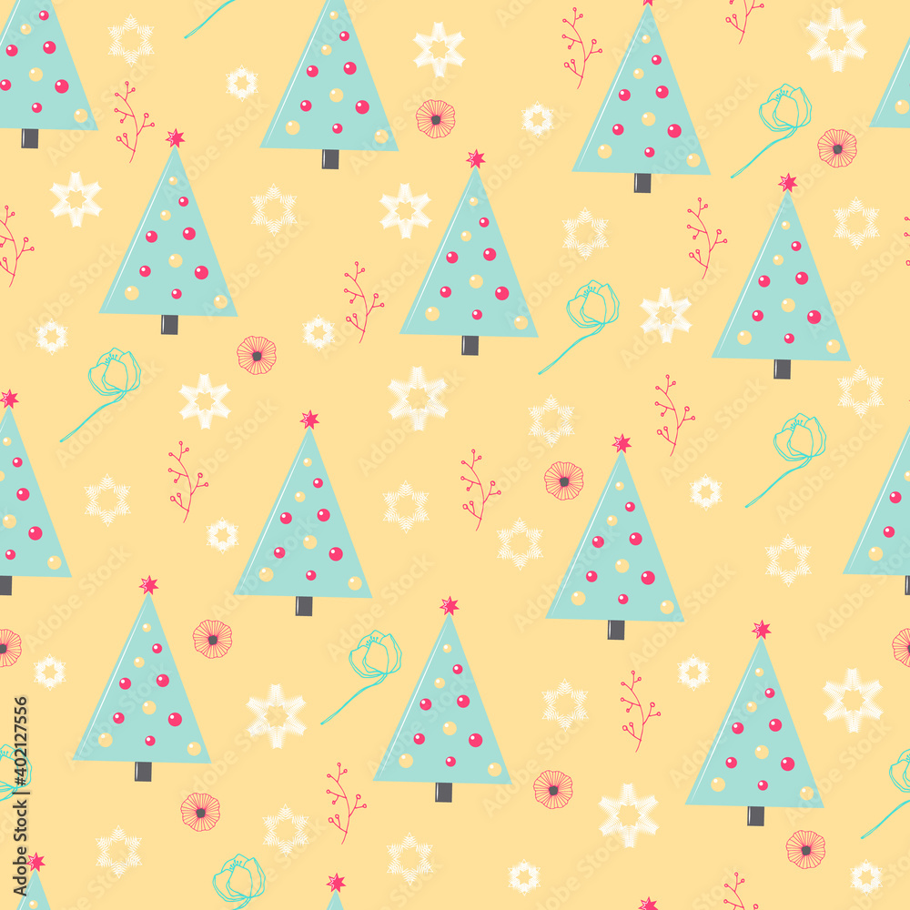 Seamless pattern - blue Christmas tree with snowflakes and poppies on a beige background
