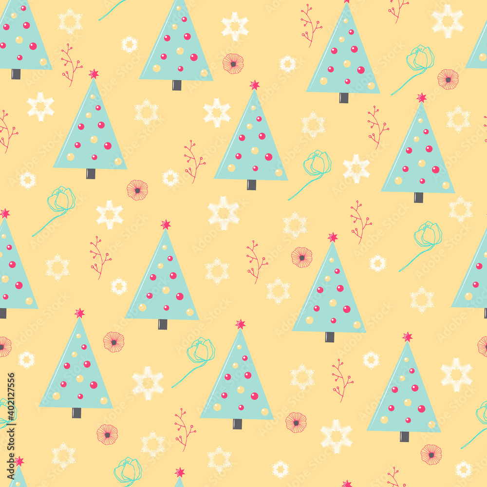 Seamless pattern - blue Christmas tree with snowflakes and poppies on a beige background Seamless pattern - blue Christmas tree with snowflakes and poppies on a beige background