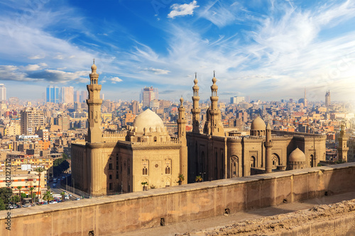 The Mosque-Madrassa of Sultan Hassan at sunset, Cairo, view from the Citadel in Egypt