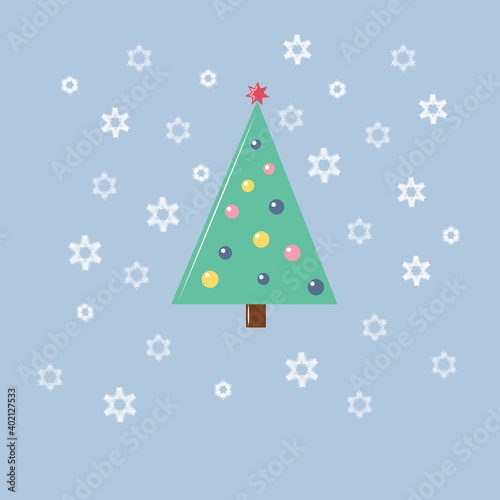 Festive Christmas tree with snowflakes on a blue background. Greeting card