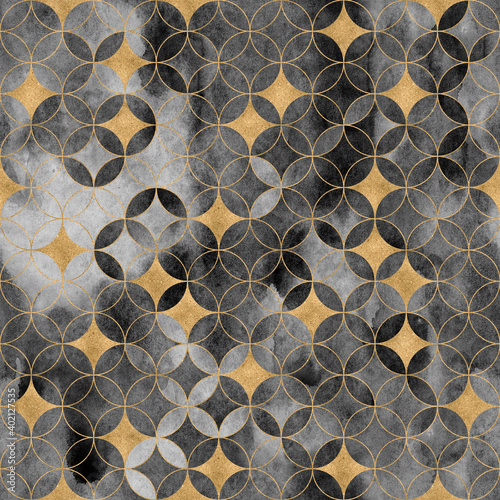 Intersecting circles, golden stars seamless pattern. Watercolor geometric circle background.