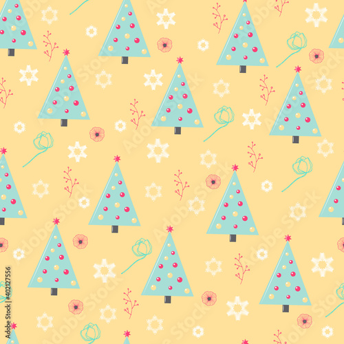 Seamless pattern - blue Christmas tree with snowflakes and poppies on a beige background © Елена Безделева