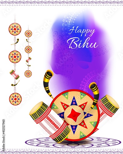 Vector illustration of Happy Rngoli Bihu, Assamese New Year, Indian traditional festival, Harvest festival of Assam, Couple performing Bihu folk dance.