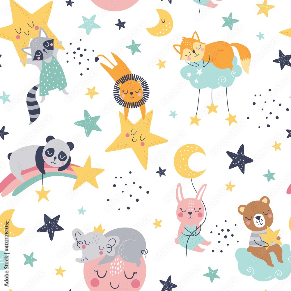 Naklejka premium Seamless childish pattern with fox, bear, lion, panda, racoon, bunny, elephant, clouds, moon and stars. Creative kids texture for fabric, wrapping, textile, wallpaper, apparel. Vector illustration