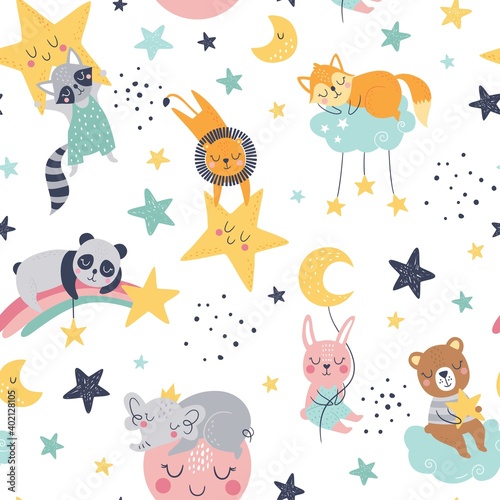 Seamless childish pattern with fox  bear  lion  panda  racoon  bunny  elephant  clouds  moon and stars. Creative kids texture for fabric  wrapping  textile  wallpaper  apparel. Vector illustration
