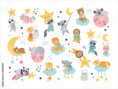 Fototapeta Naklejka Na Ścianę i Meble -  Isolated set with cute sleeping animals in scandinavian style. Collection with stars, moon and cloud. Sweet dreams. Ideal kids design, for fabric, wrapping, textile, wallpaper, apparel
