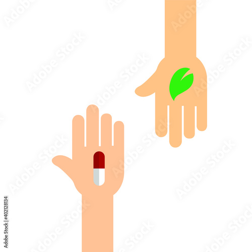 image of two palms, choice between medical and natural treatment, vector illustration