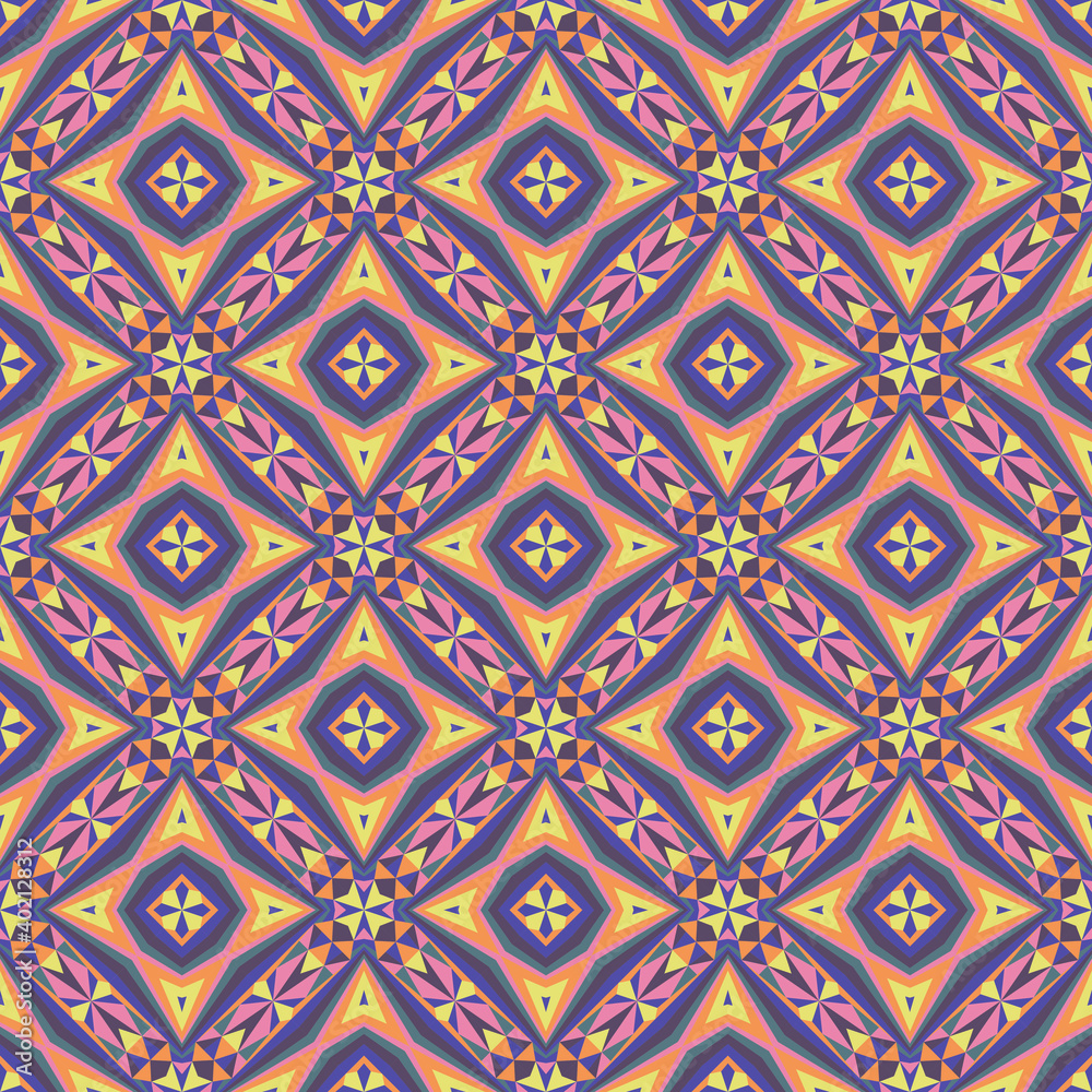 Geometric seamless pattern, ornament, abstract colorful background, fashion print, vector texture for textile, fabric, decoration.
