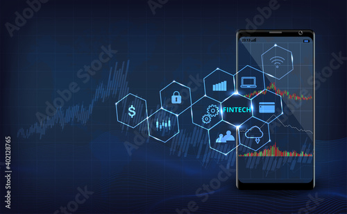 Financial Internet Technology Concept.mobile phone rendering represent Financial Internet Technology Concept.Business investment. Business on virtual screen.