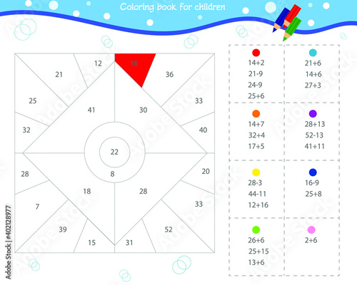 Mathematical coloring book for children. Solve the examples and color the pattern to match the answer in the example