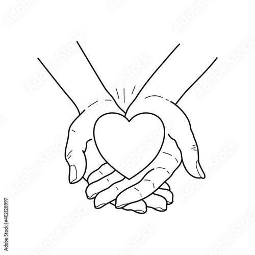 Line hands with heart. Sketch of hands with heart. Line art. Vector.