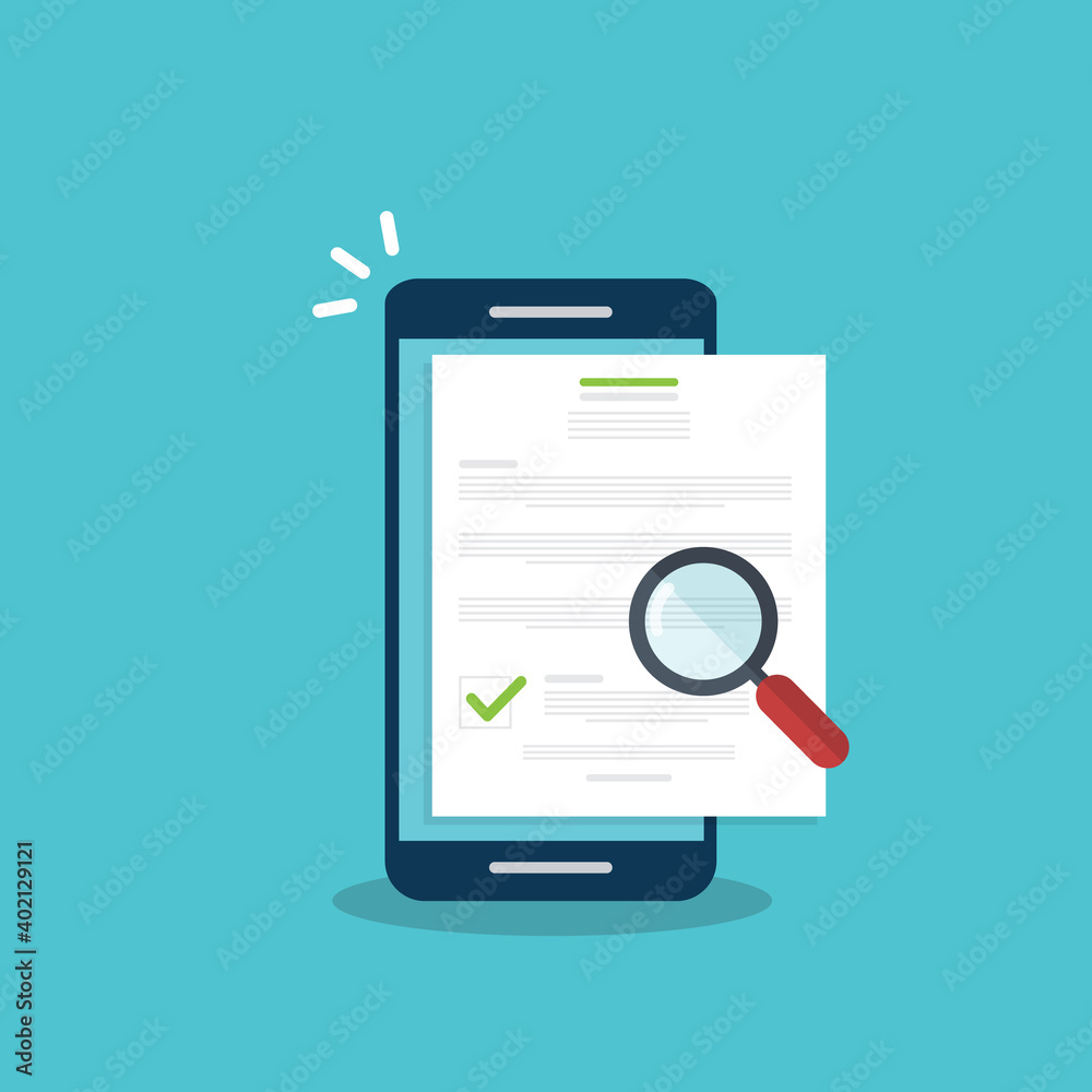 Online digital document inspection or assessment evaluation on smartphone, contract review, analysis, inspection of agreement contract, compliance verification. Vector illustration Online digital document inspection or assessment evaluation on smartphone, contract review, analysis, inspection of agreement contract, compliance verification. Vector illustration