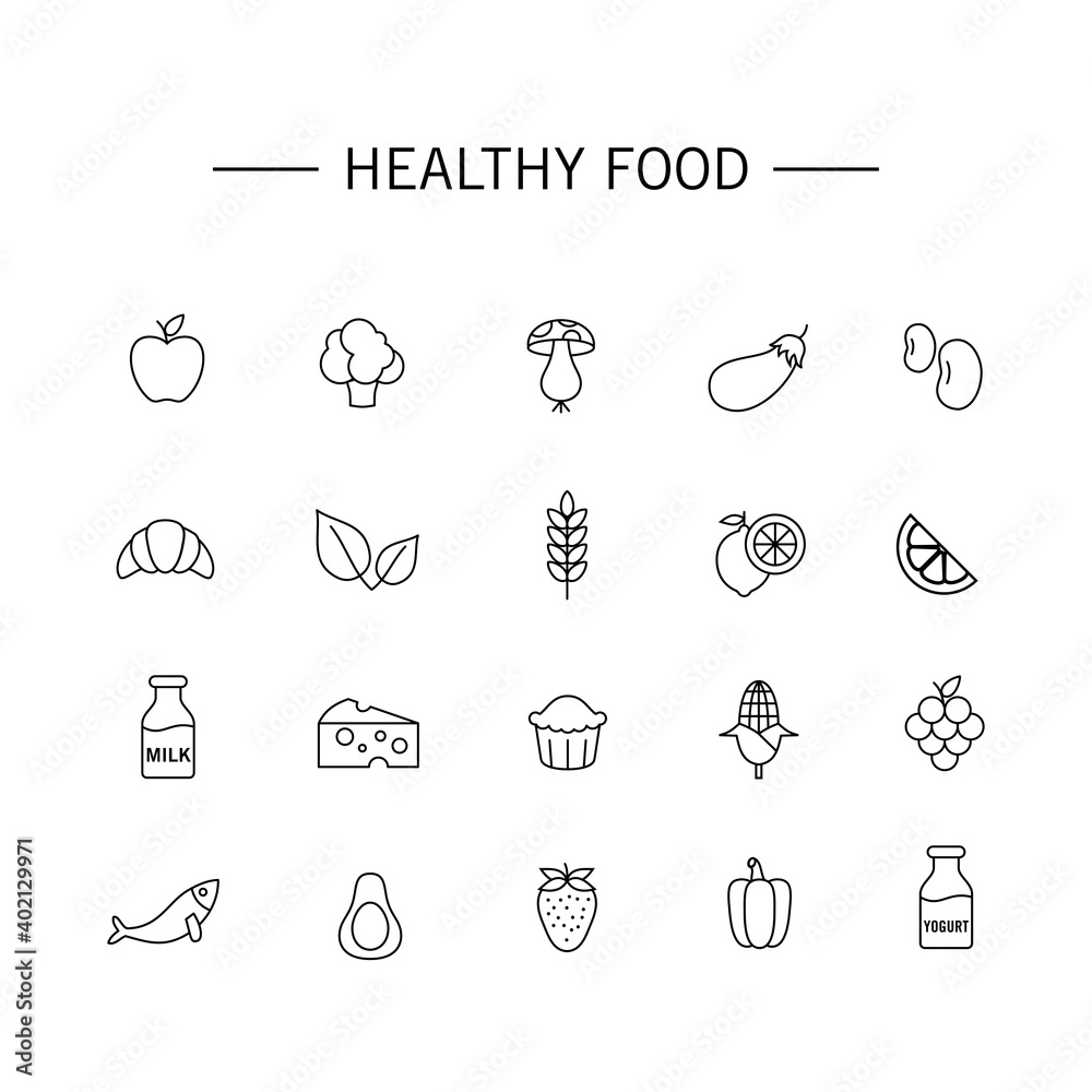 Set of vector illustrations of healthy food icons. Suitable for design elements of healthy food consumption campaigns for nutritional balance and endurance. Organic food outlined icon collection. Set of vector illustrations of healthy food icons. Suitable for design elements of healthy food consumption campaigns for nutritional balance and endurance. Organic food outlined icon collection.