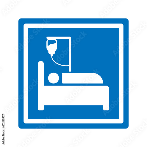 Hospital icon, black isolated icon with medical cross and person in bed symbols