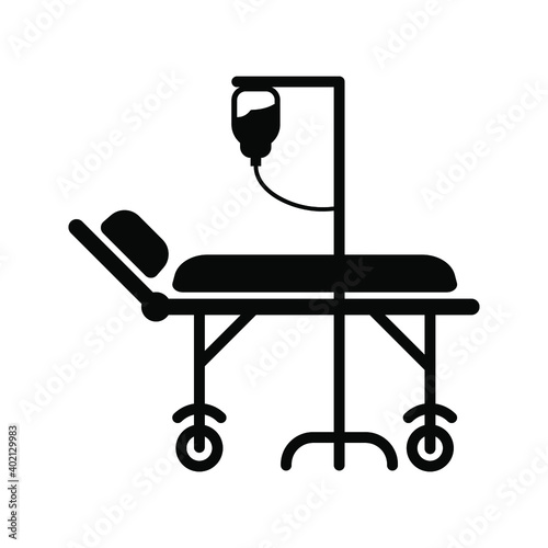 Hospital icon, black isolated icon with medical cross and person in bed symbols