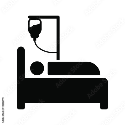 Hospital icon, black isolated icon with medical cross and person in bed symbols