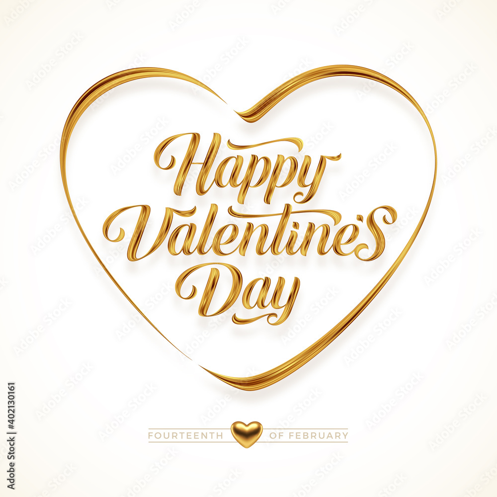 Fototapeta premium Valentines day greeting card with lettering calligraphy. Golden paint brush stroke. Golden love symbol. Vector illustration.