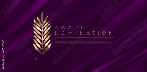 Award nomination - design template. Golden branch on a purple cloth background. Award sign with golden leaves. Vector illustration.