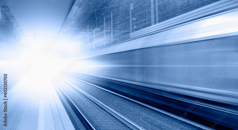 High speed train runs on rail tracks - Train in motion High speed train runs on rail tracks - Train in motion