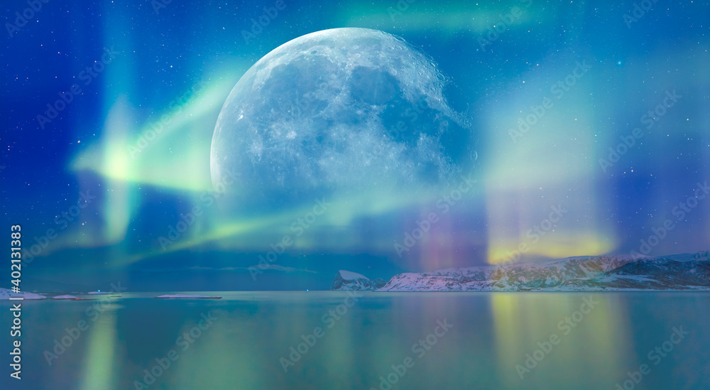 Northern lights (Aurora borealis) in the sky with super full moon