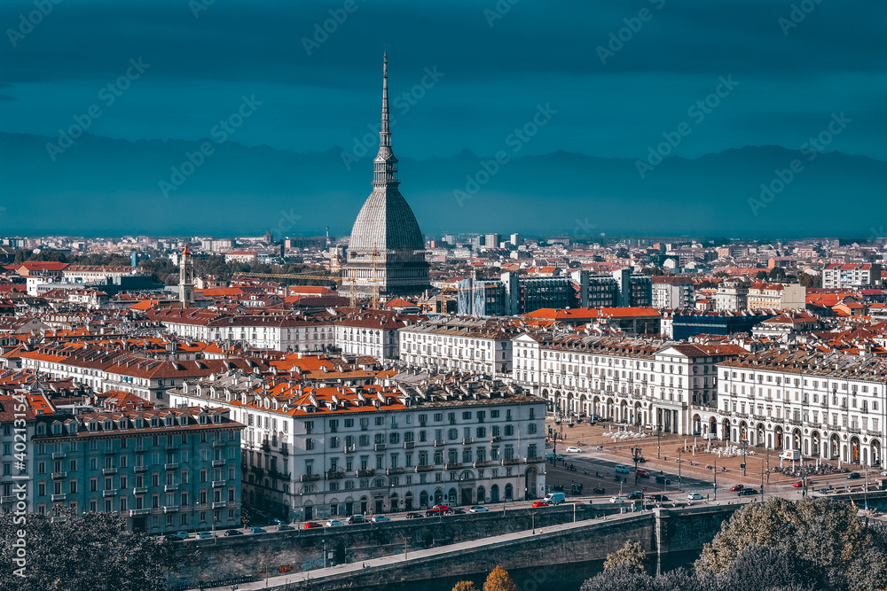 Fototapeta premium Turin is the capital of Piedmont and is known for the refinement of its architecture and cuisine. The Alps rise to the north-west of the city.