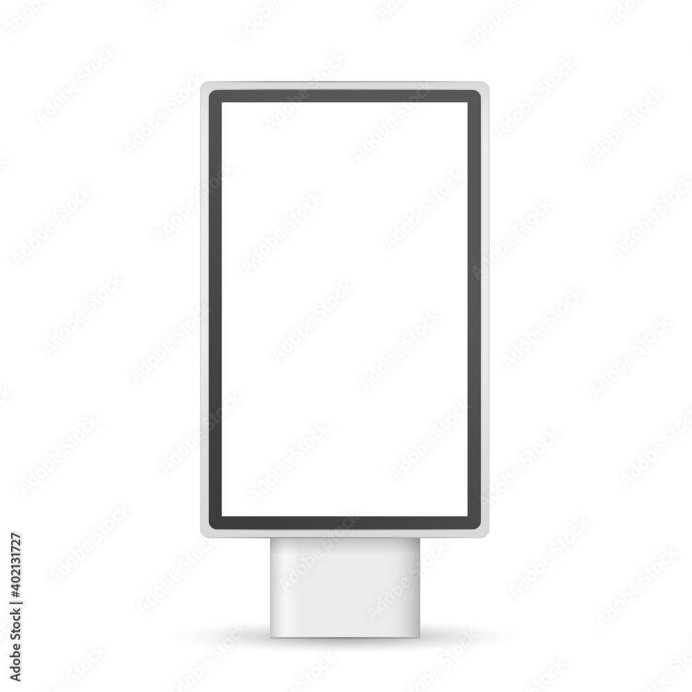 Vector realistic street lightbox. Vertical Mockup. City light billboard with frame. Outdoor stand. Screen for presentation, promotion, advertising and design. Empty template. EPS10. Vector realistic street lightbox. Vertical Mockup. City light billboard with frame. Outdoor stand. Screen for presentation, promotion, advertising and design. Empty template. EPS10.