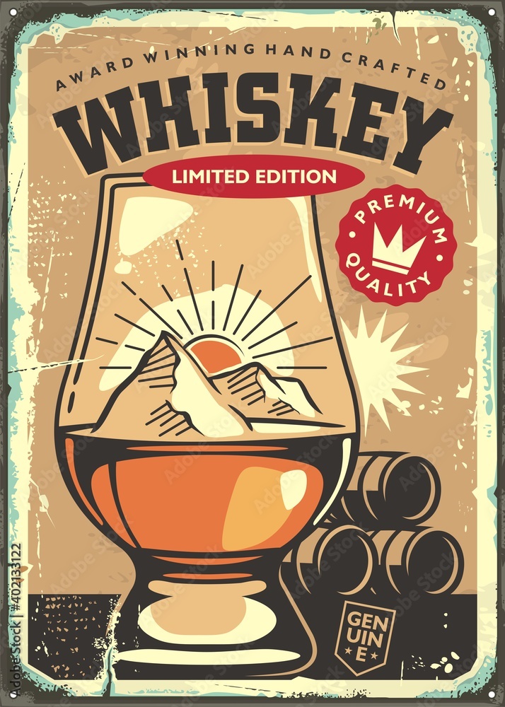 Award winning hand crafted whiskey retro sign advertisement on old rusty metal background. Pub and drinks theme with glen cairn whiskey glass. Vector vintage promo poster. - obrazy, fototapety, plakaty 