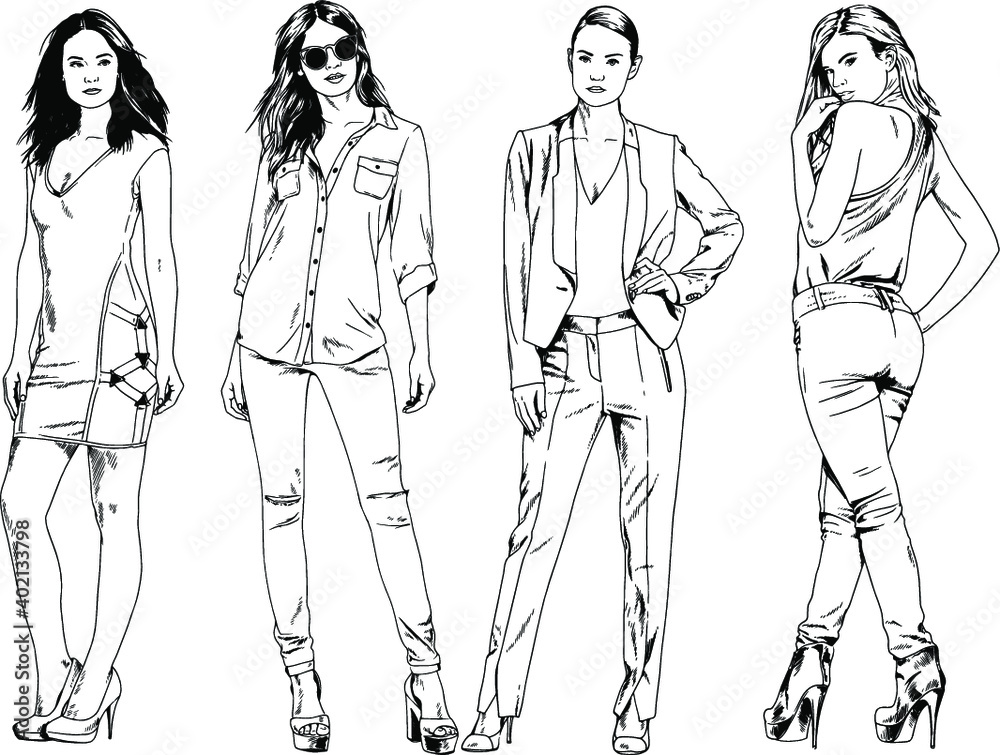 vector drawings on the theme of beautiful slim sporty girl in casual clothes in various poses painted ink hand sketch with no background