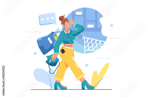 Girl walking from the store with a bag full of groceries, the girl carries a bag in her hand, wearing headphones, isolated on white background, flat vector illustration