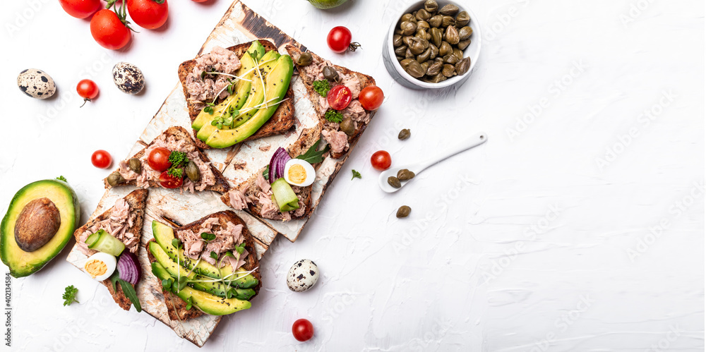Toasts with tuna. Italian Appetizer bruschetta, sandwiches with canned tuna, tomatoes and capers. delicious healthy food, Top view Toasts with tuna. Italian Appetizer bruschetta, sandwiches with canned tuna, tomatoes and capers. delicious healthy food, Top view