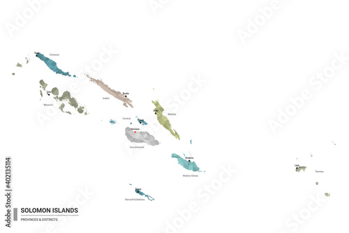 Solomon Islands higt detailed map with subdivisions. Administrative map of Solomon Islands with districts and cities name, colored by states and administrative districts. Vector illustration. photo